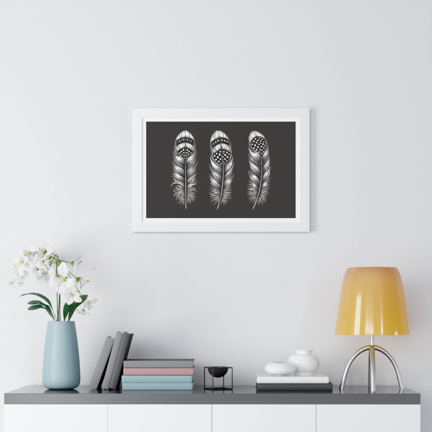 Black and White Speckled Feathers, Framed Horizontal Poster