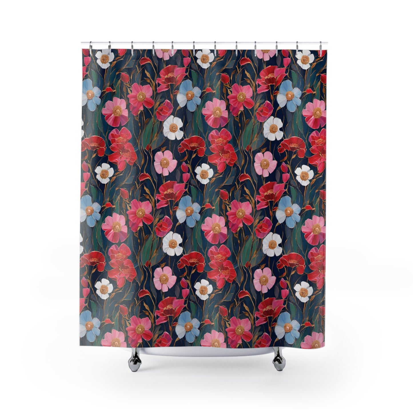 Red and Pink Poppies on Indigo, Shower Curtains.