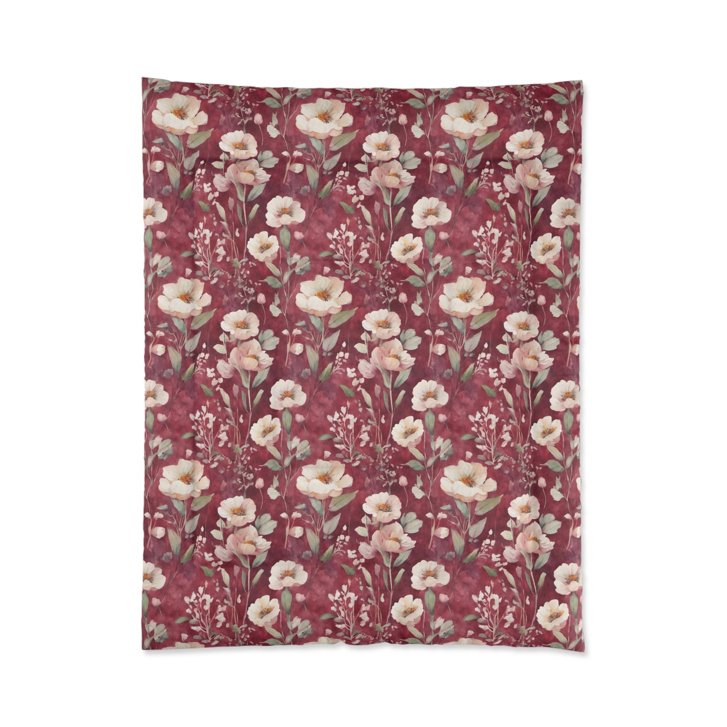 White Roses on Plum Red Comforter