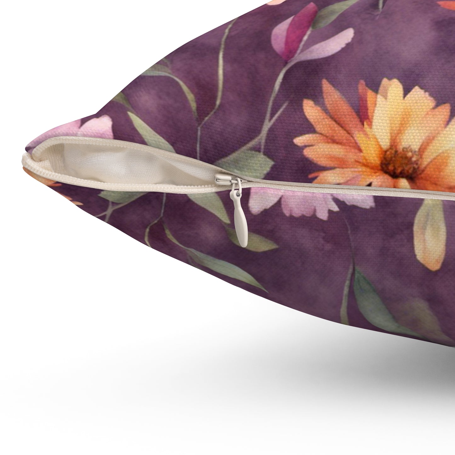 Wild Flowers on Plum Polyester Square Pillow