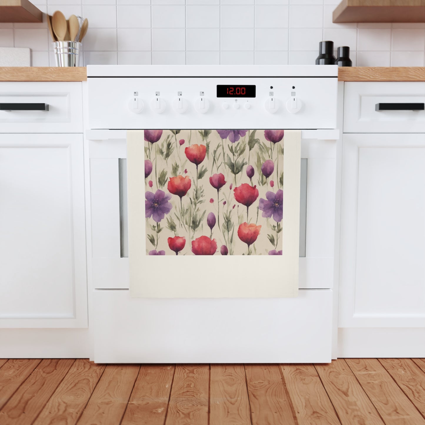 Poppies and Plum Flowers Cotton Tea Towel