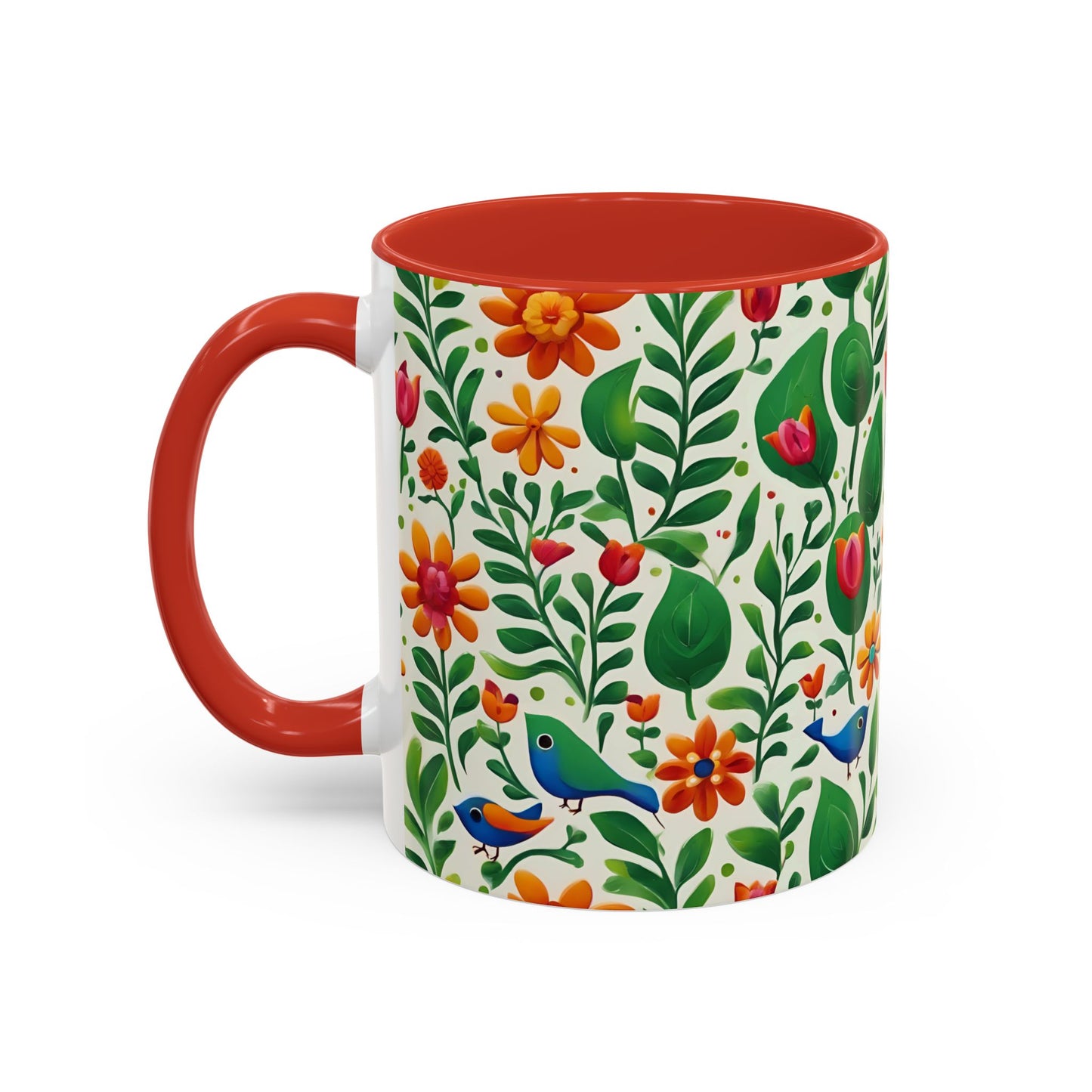 Bright Garden Birds, Leaves and Flowers Coffee Mug, 11oz