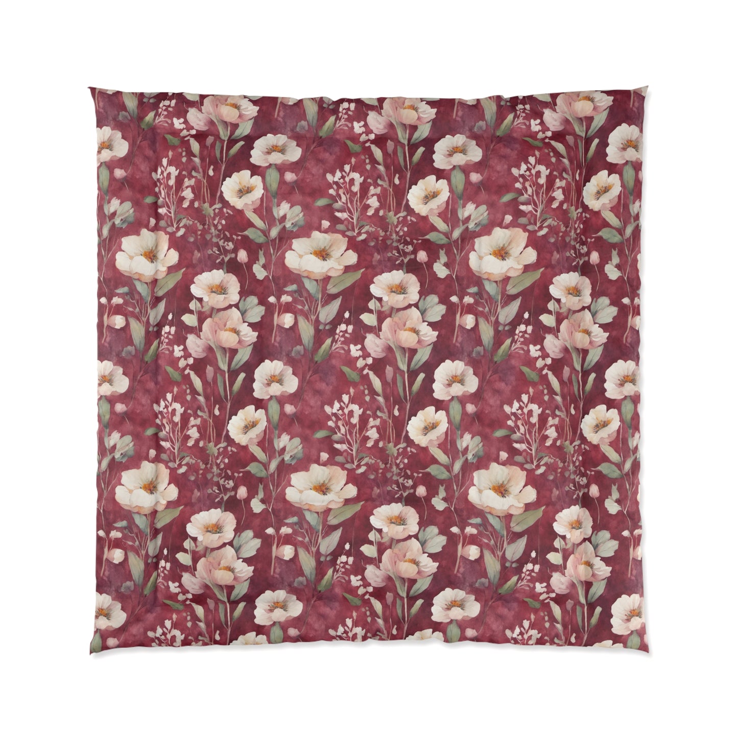 White Roses on Plum Red Comforter