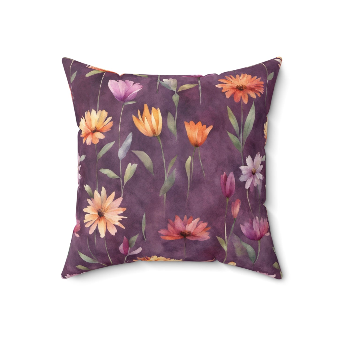 Wild Flowers on Plum Polyester Square Pillow