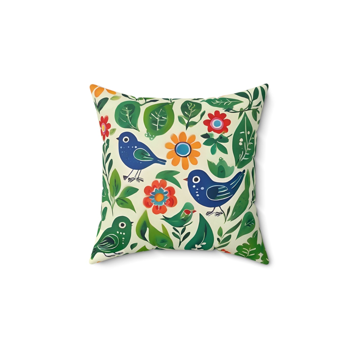 Bright Birds, Bright Green Leaves, Bright Flowers, Folk Art Polyester Square Pillow