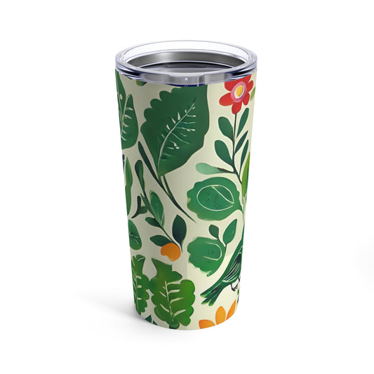 Bright Birds, Bright Green Leaves, Bright Flowers, Folk Art Tumbler 20oz