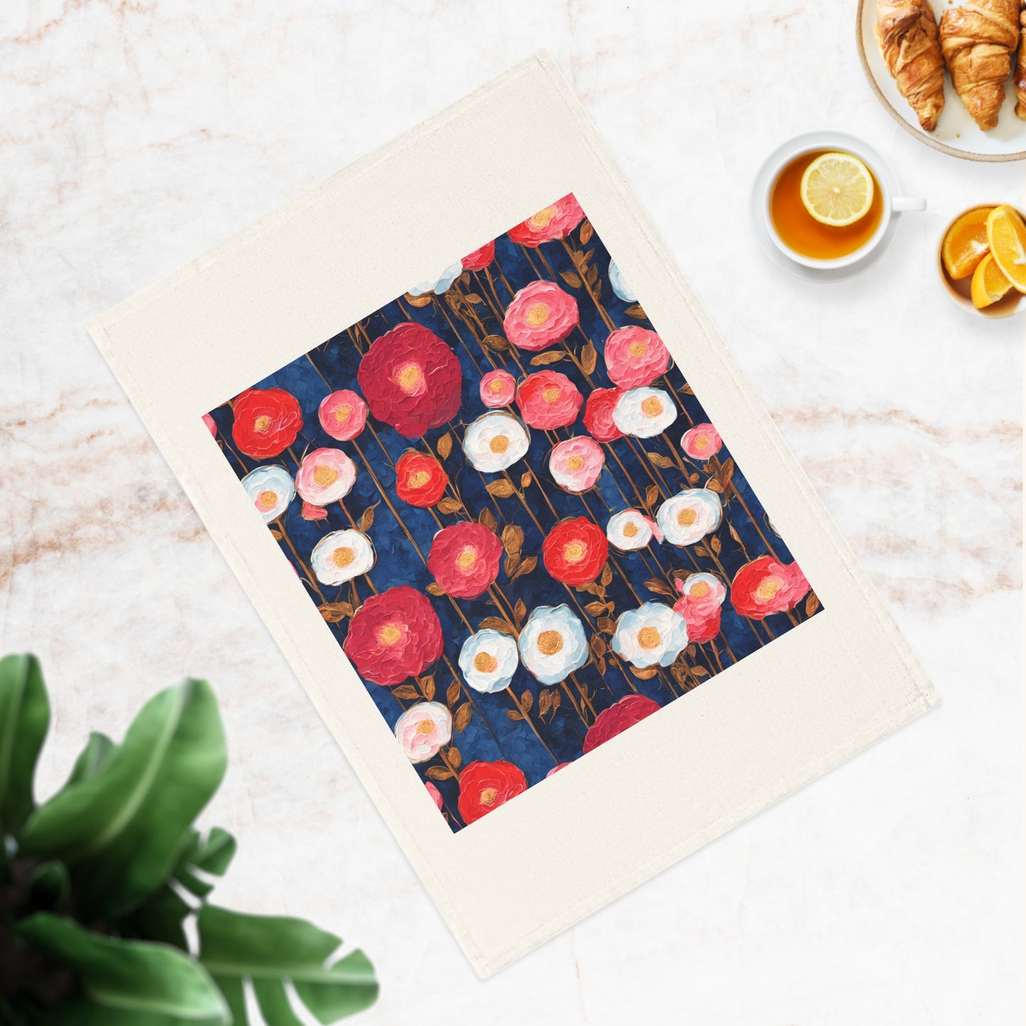 Poppy Splotches on Indigo Cotton Tea Towel