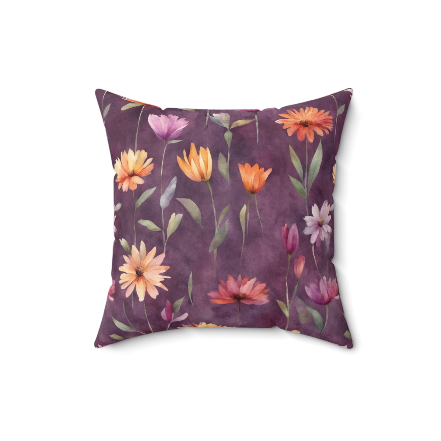 Wild Flowers on Plum Polyester Square Pillow