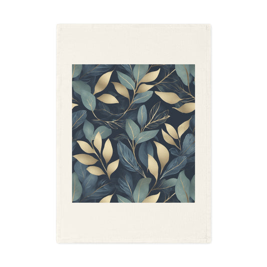 Green, Gold and Teal Leaves on Indigo Cotton Tea Towel