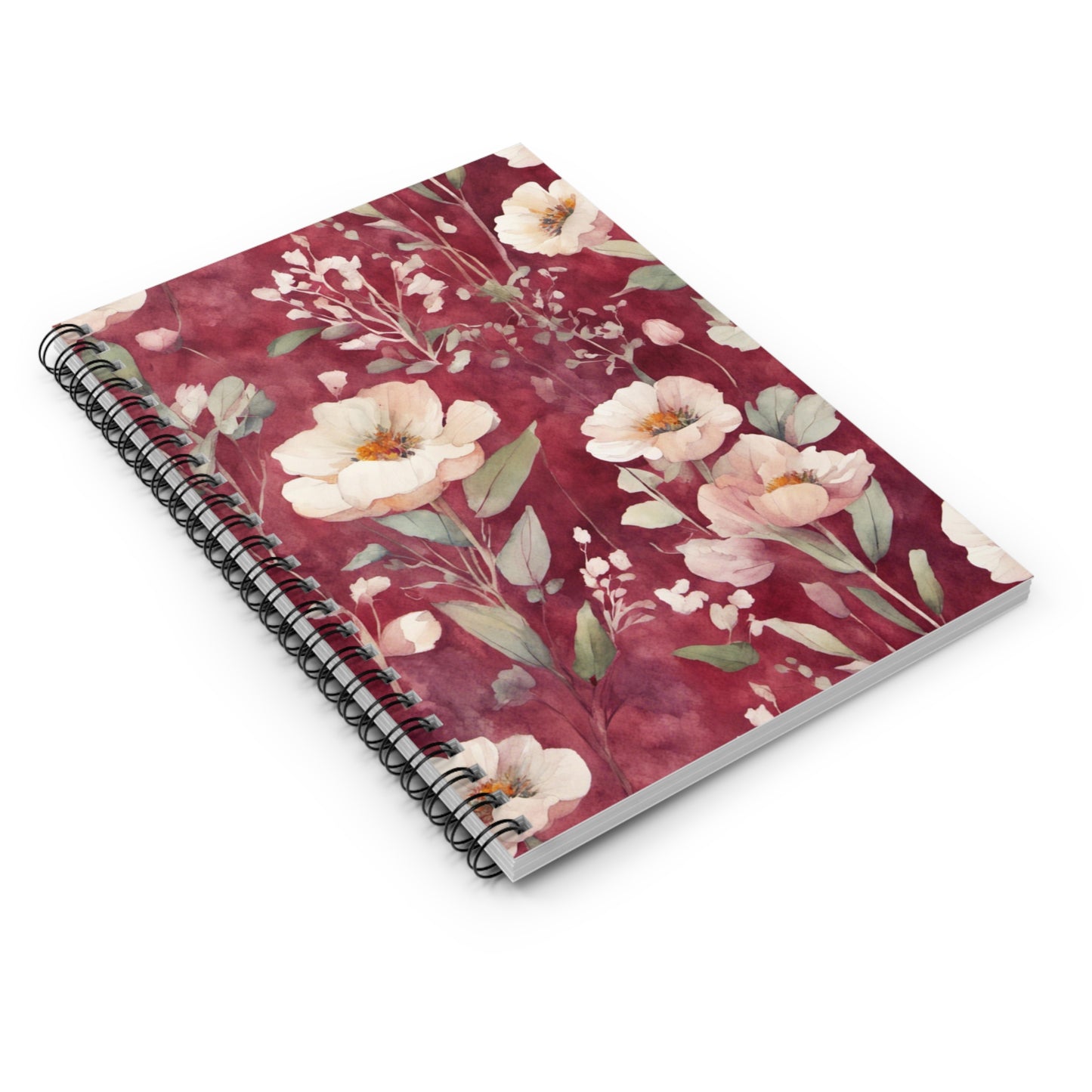 White Flowers on Plum-Red Spiral Notebook - Ruled Line