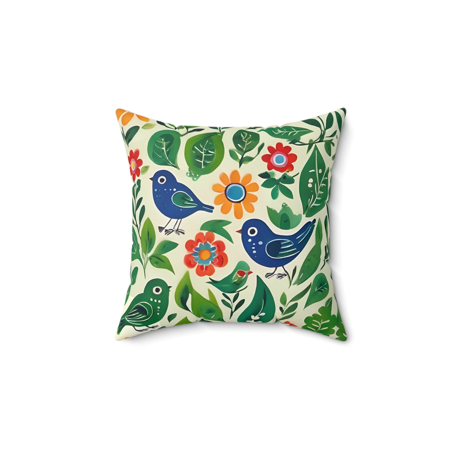 Bright Birds, Bright Green Leaves, Bright Flowers, Folk Art Polyester Square Pillow