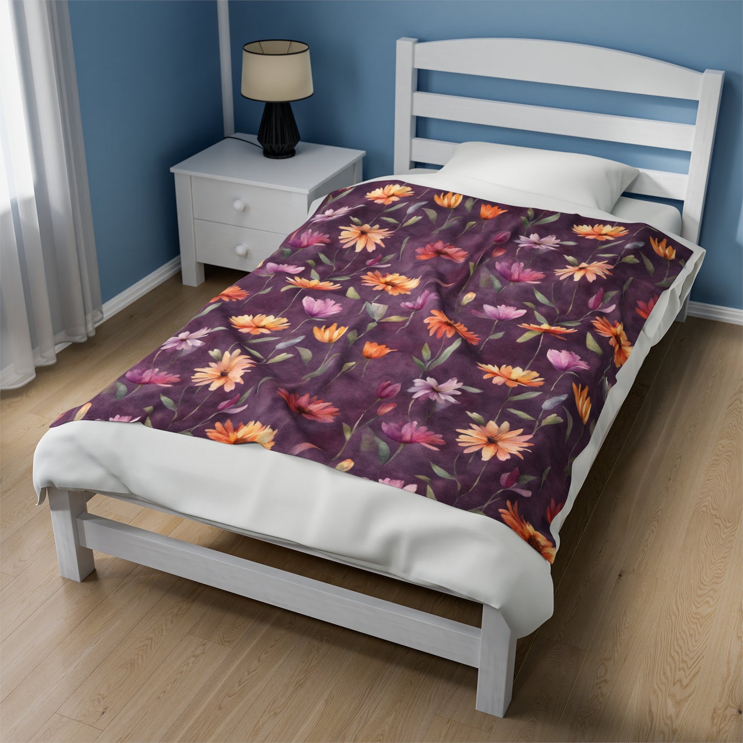 Wild Flowers on Plum Velveteen Plush Blanket