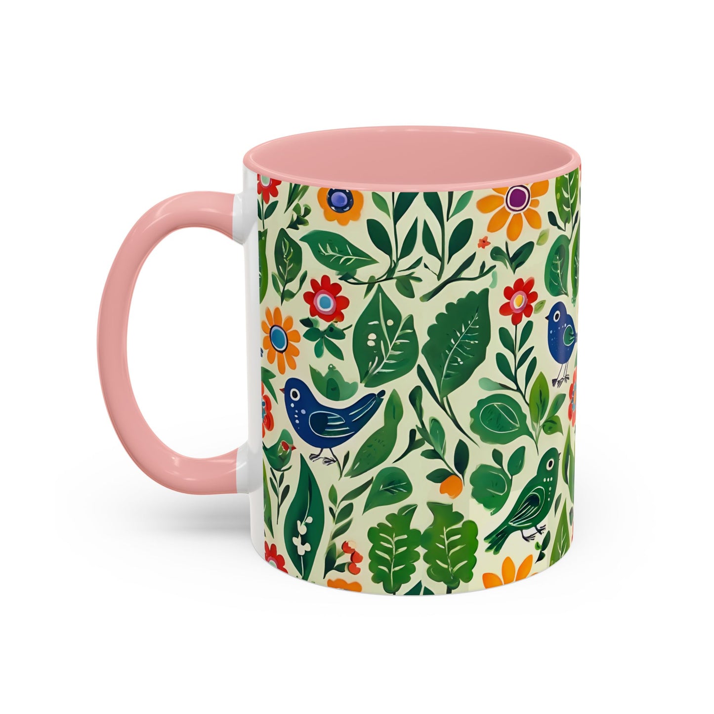 Bright Birds, Bright Green Leaves, Bright Flowers, Folk Art Coffee Mug, 11oz