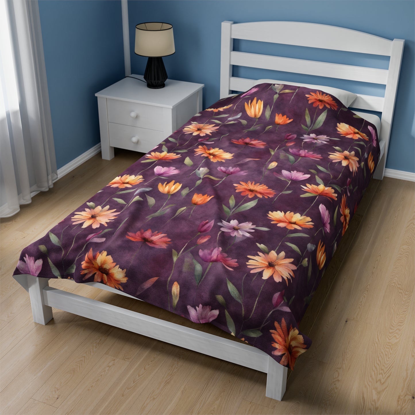 Wild Flowers on Plum Velveteen Plush Blanket