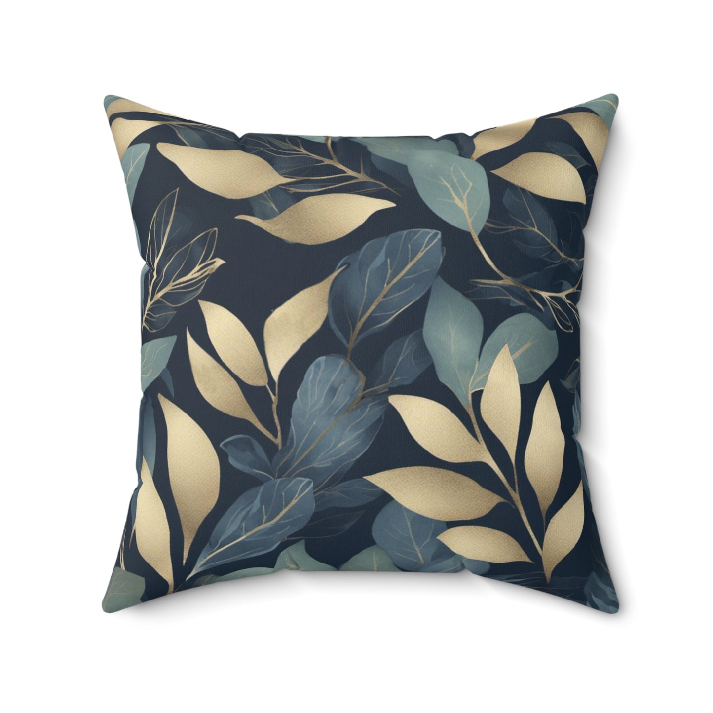 Green, Gold and Teal Leaves on Indigo Polyester Square Pillow