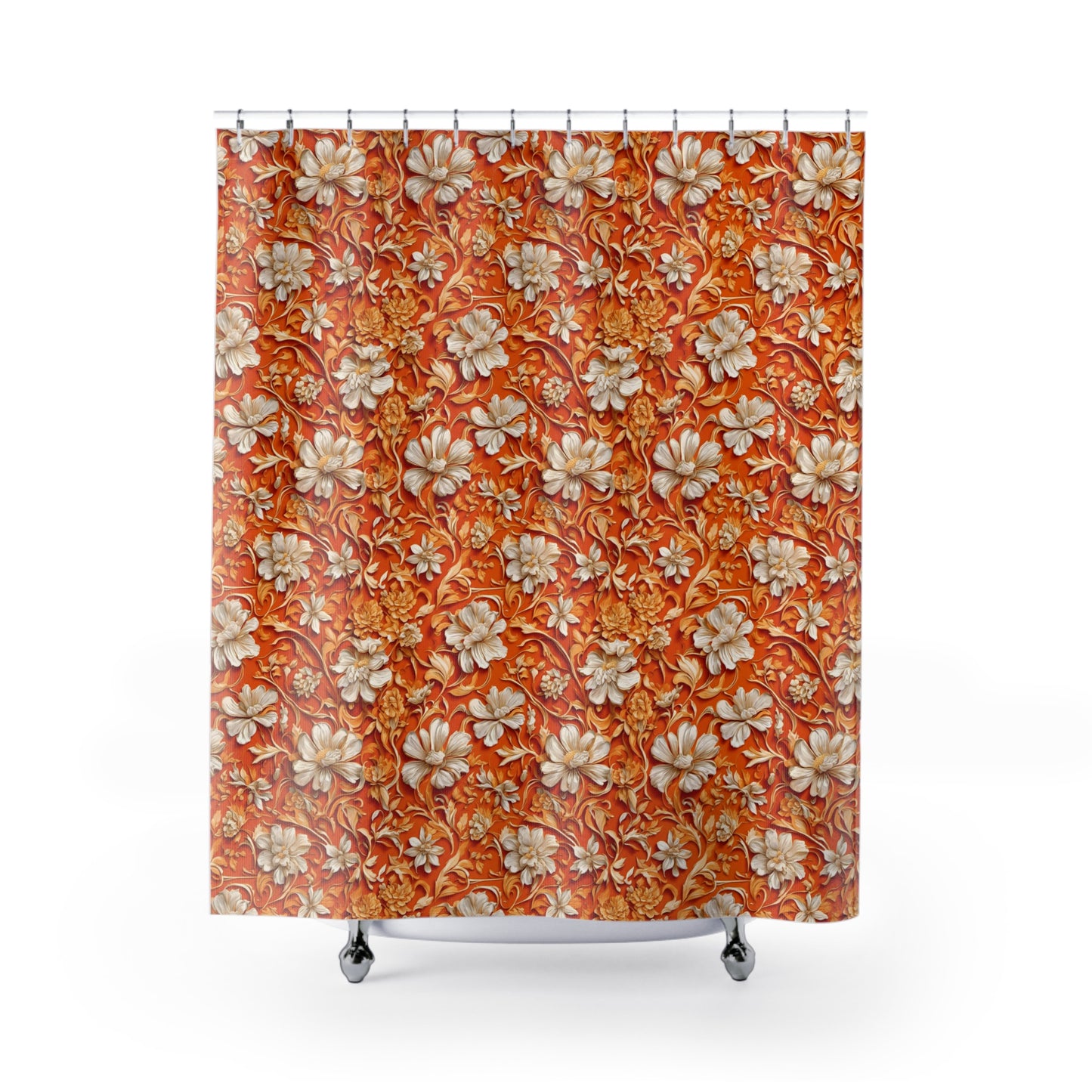 White Flowers on Apricot Shower Curtains