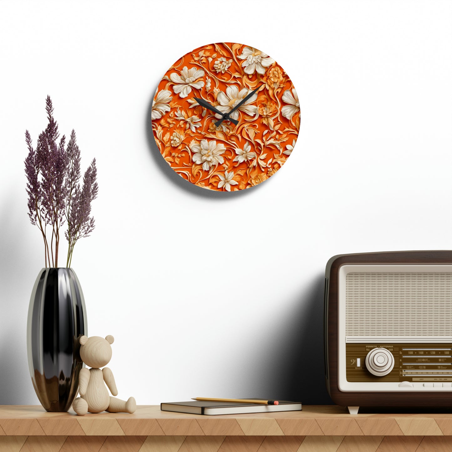 White Flowers on Apricot Acrylic Wall Clock