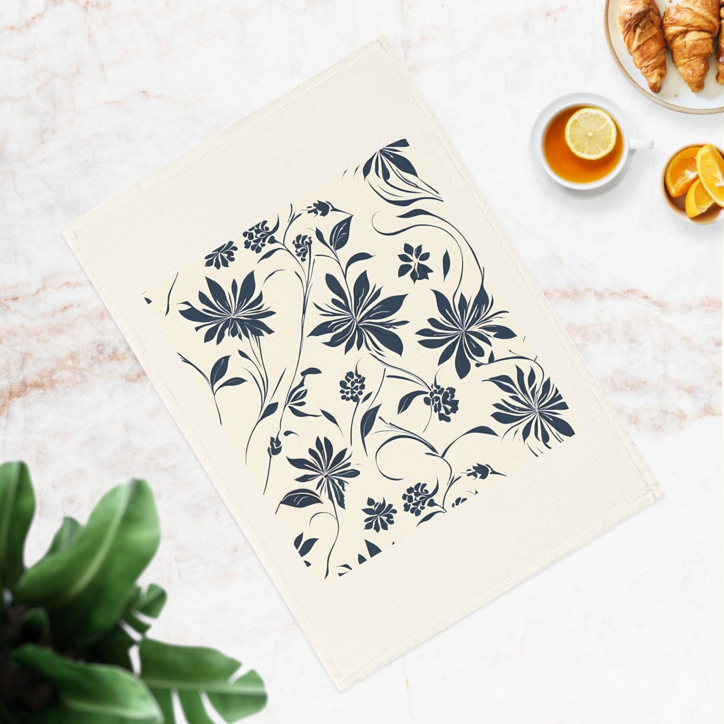 Simple Navy Flower Pattern Cotton Tea Towel