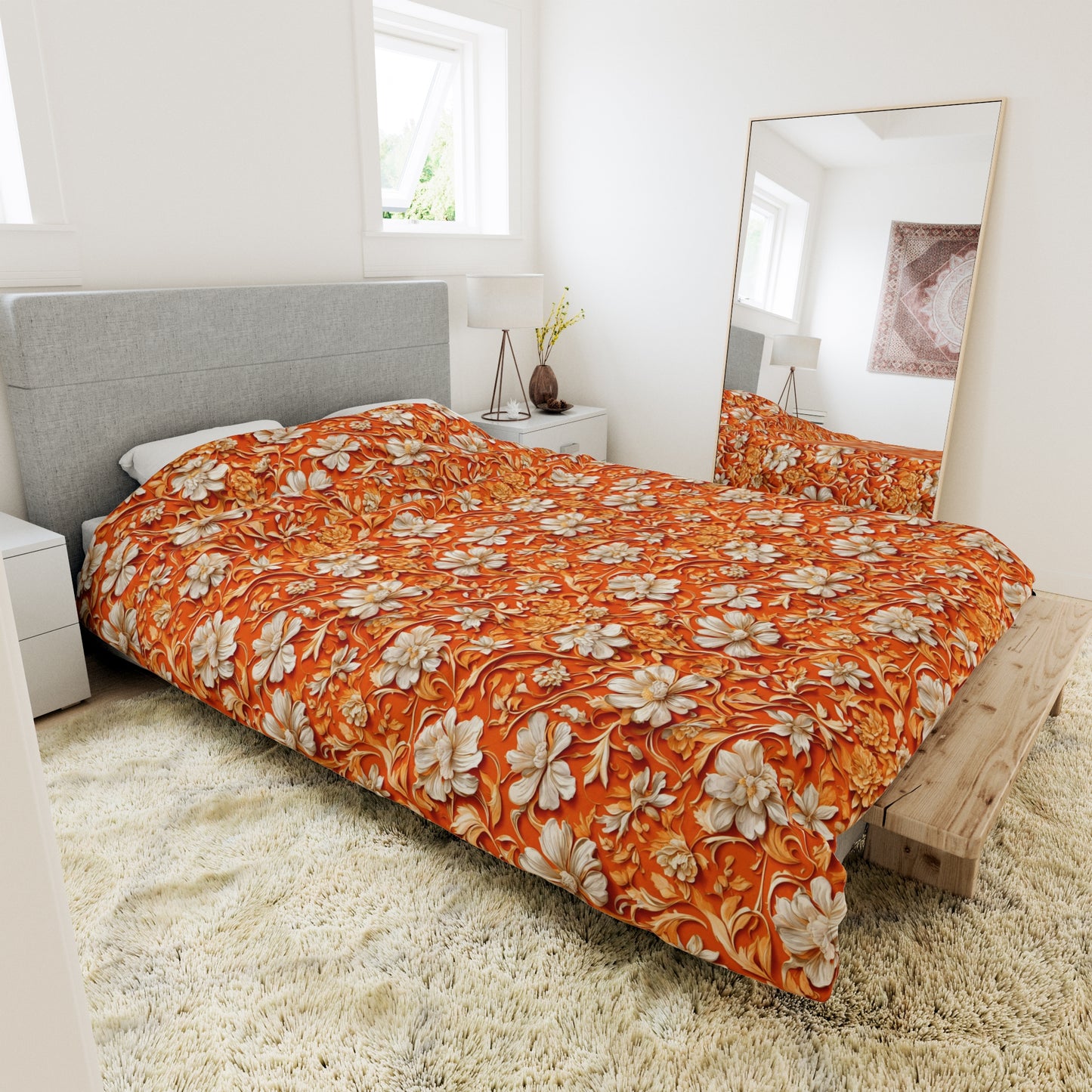 White Flowers on Apricot Duvet Cover