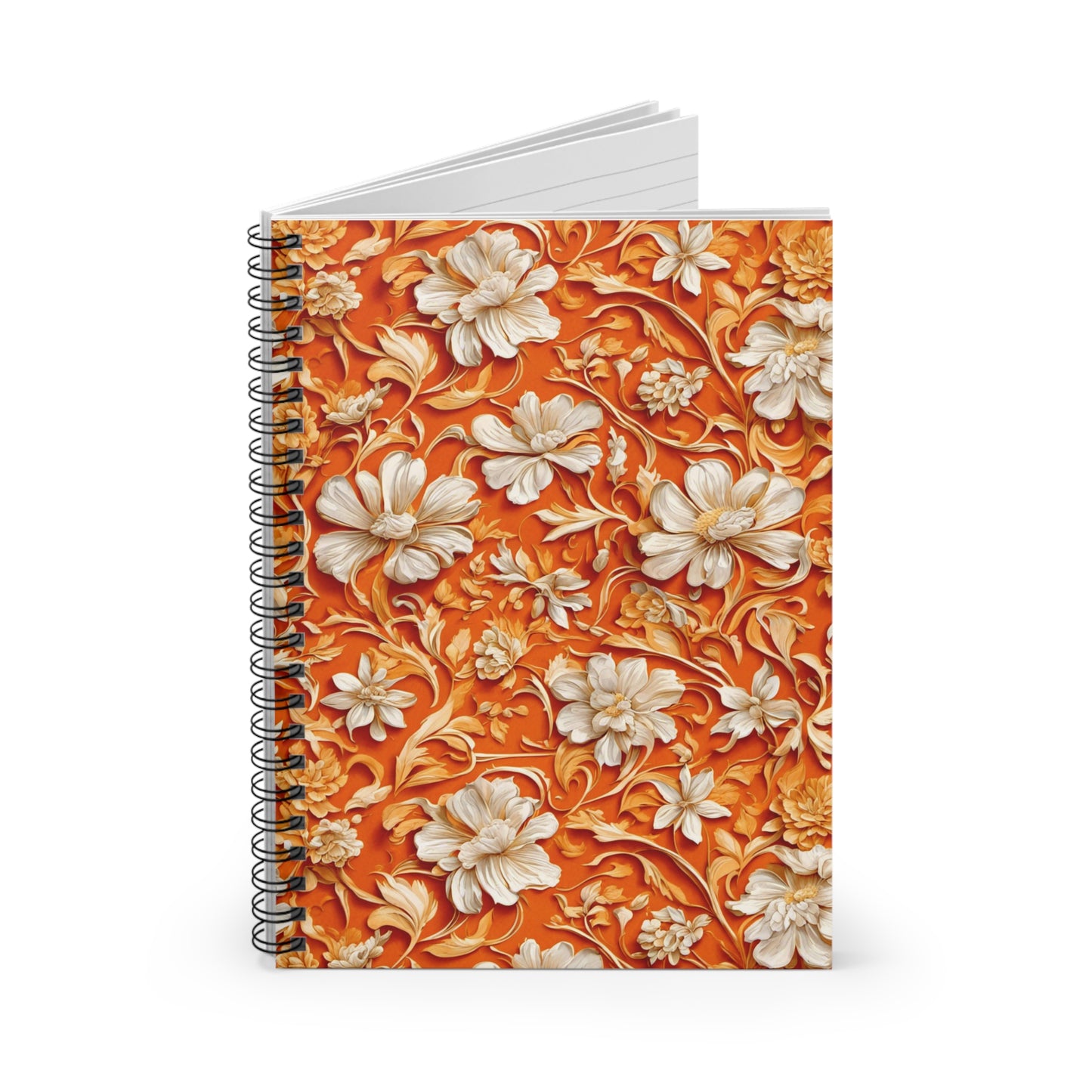 White Flowers on Apricot Spiral Notebook - Ruled Line