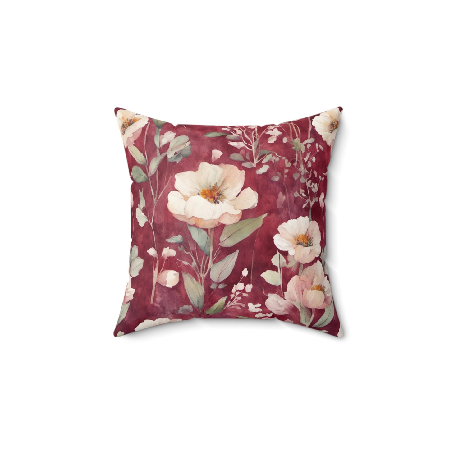 White Roses on Plum Red Polyester Square Pillow