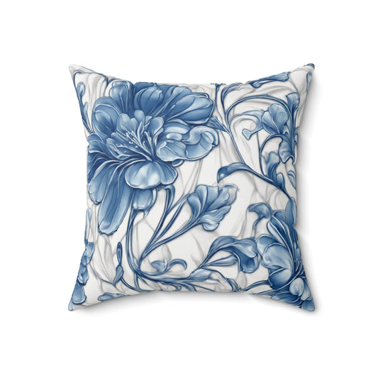 Blue & White Flowers Polyester Square Pillow