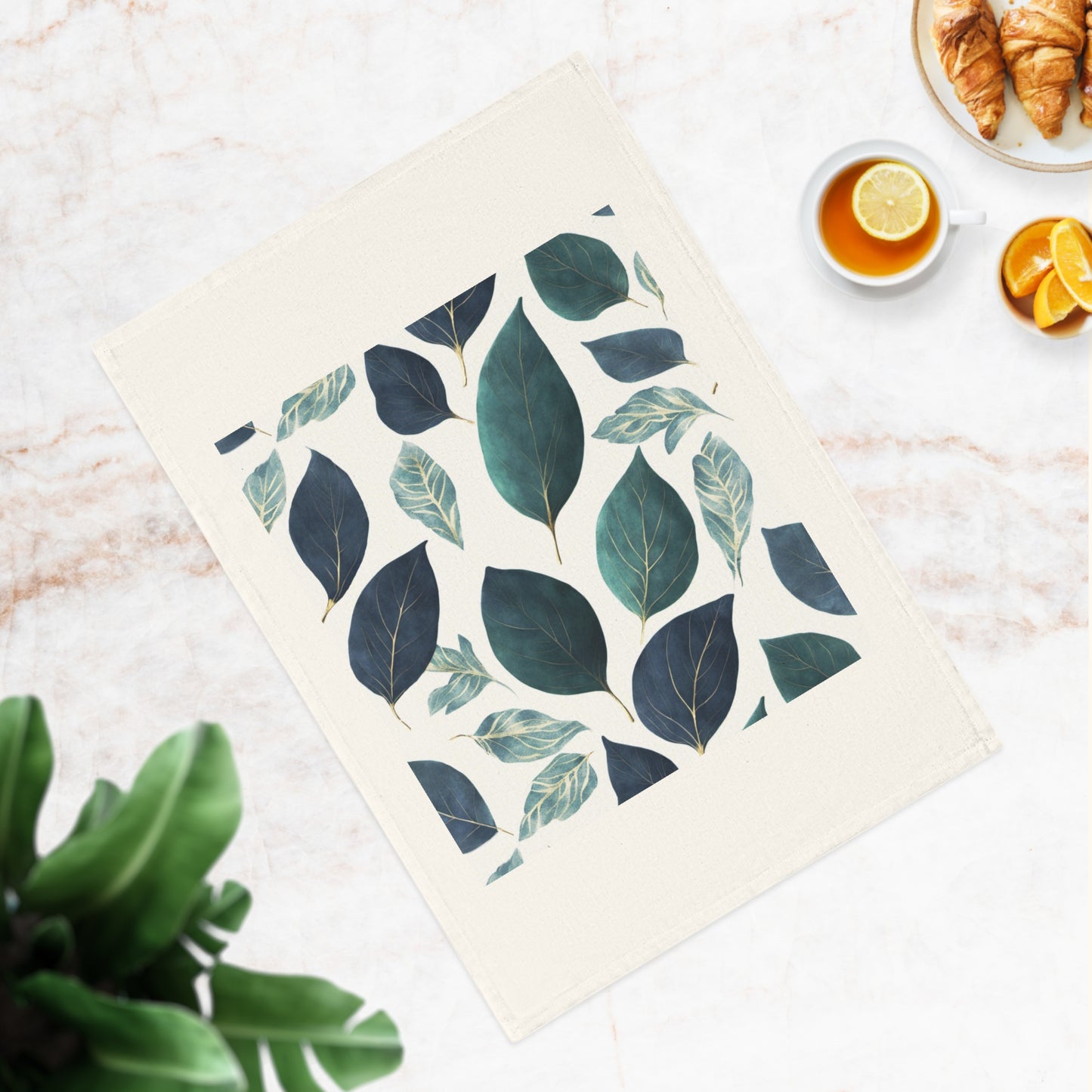 Blue and Green Leaves Cotton Tea Towel