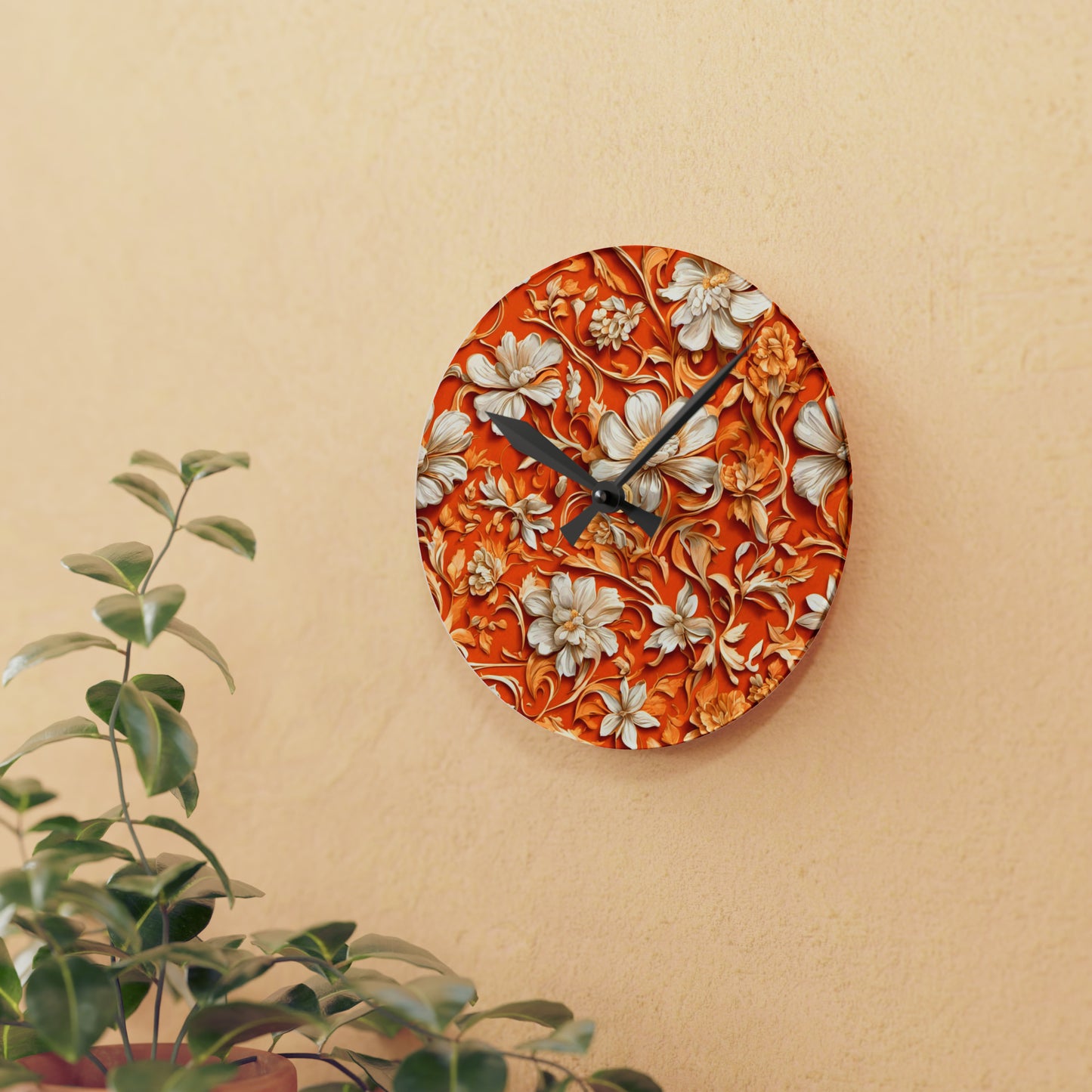 White Flowers on Apricot Acrylic Wall Clock