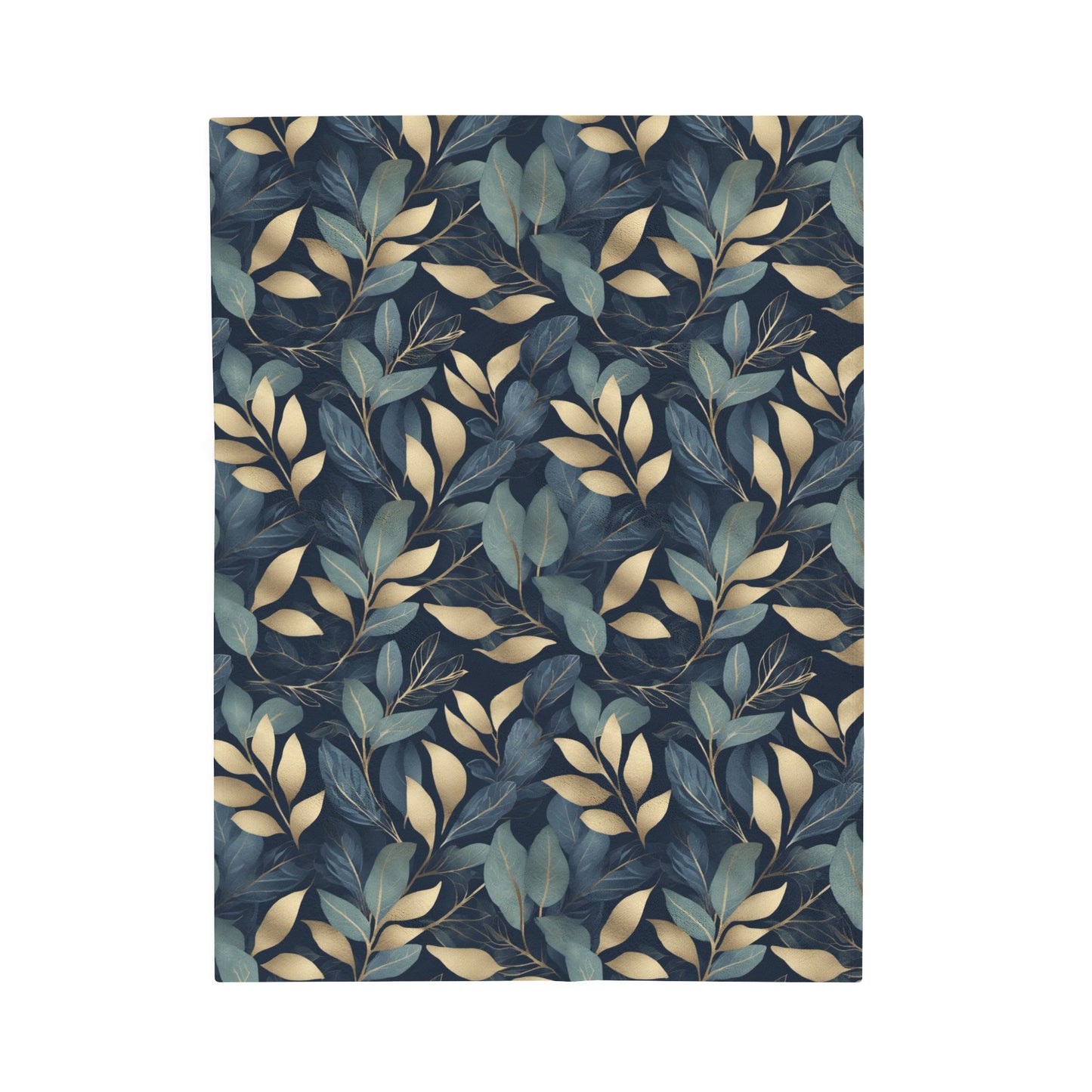 Green, Gold and Teal Leaves on Indigo Velveteen Plush Blanket