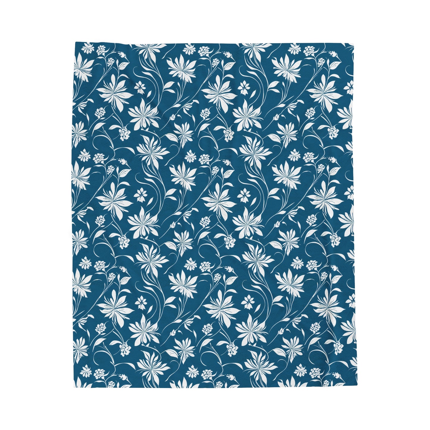 Simple White Flower on Dark Teal Pattern Velveteen Plush Blanket