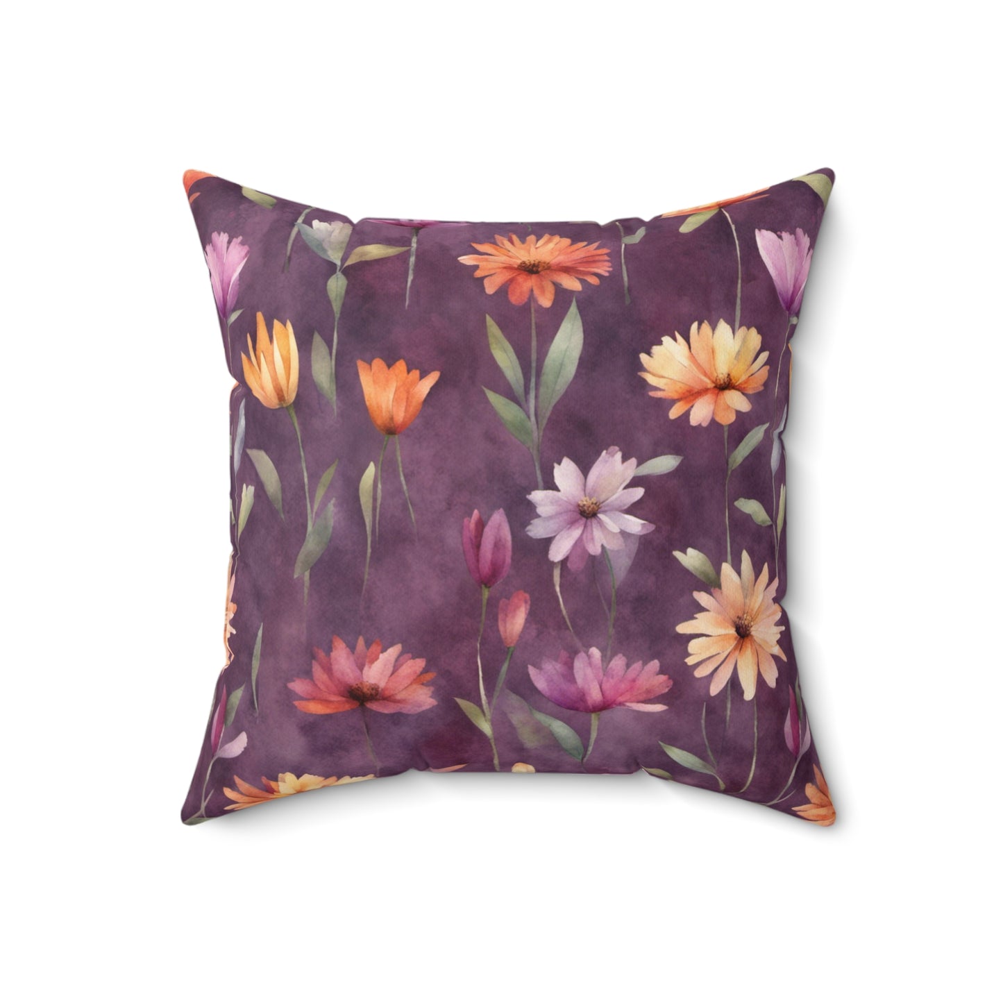 Wild Flowers on Plum Polyester Square Pillow