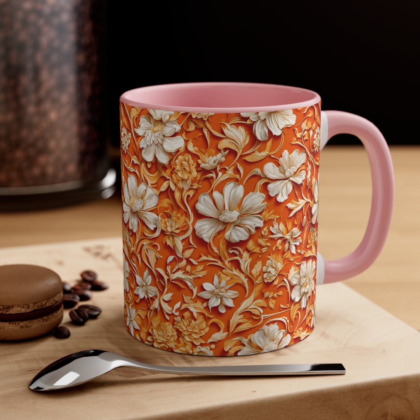 White Flowers on Apricot Coffee Mug, 11oz