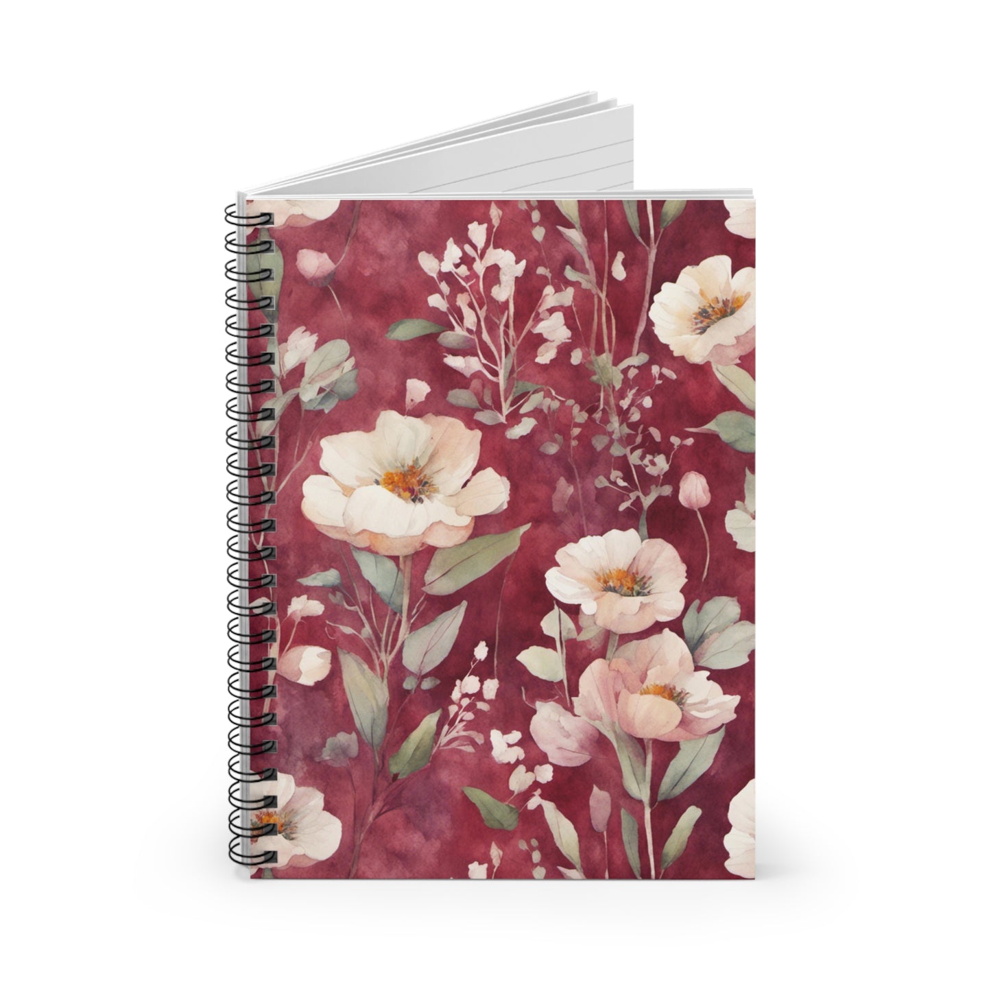 White Flowers on Plum-Red Spiral Notebook - Ruled Line