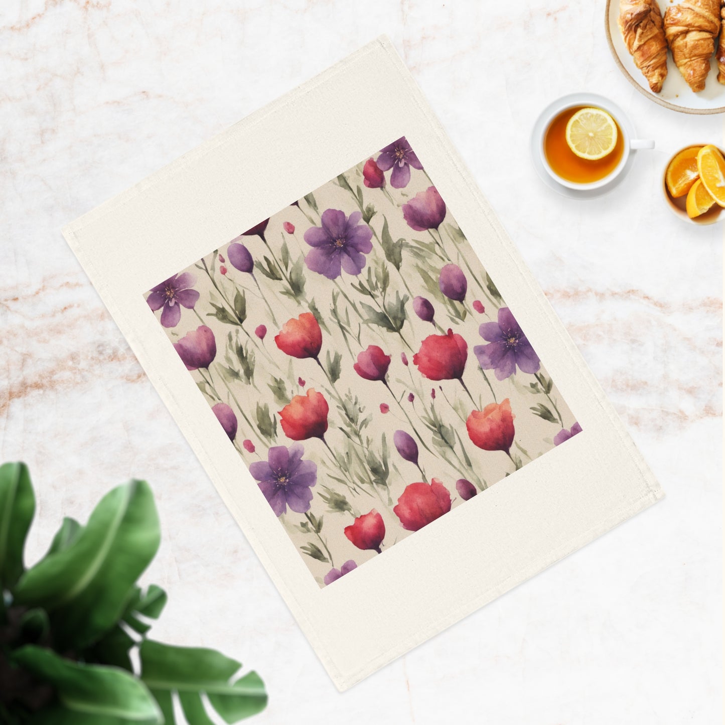 Poppies and Plum Flowers Cotton Tea Towel