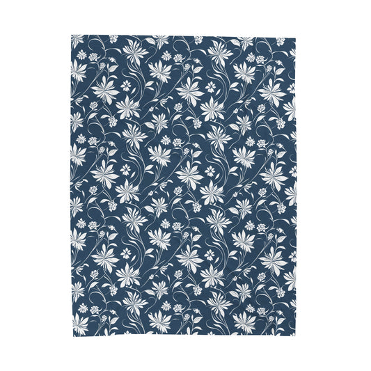 Simple White Flower on Indigo Pattern Velveteen Plush Blanket