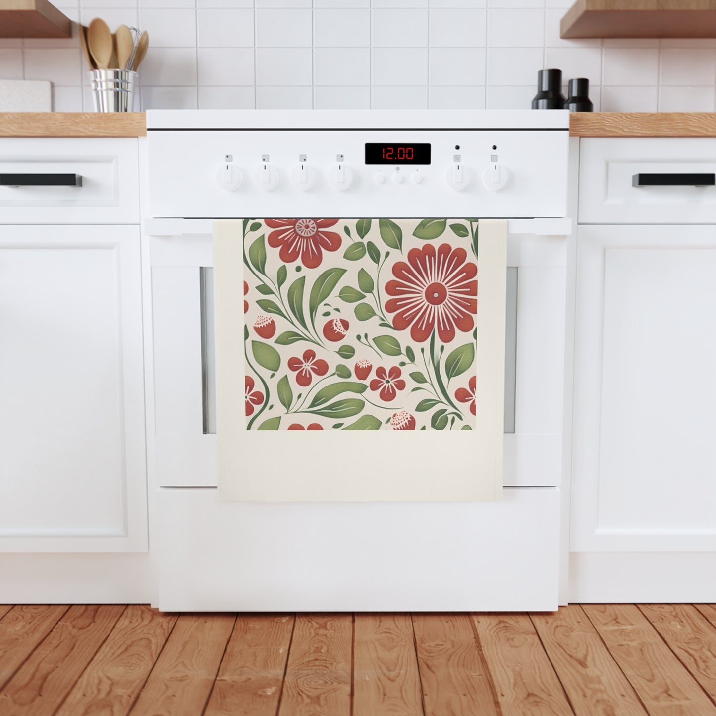 Strawberry Folk Art Flower, Cotton Tea Towel