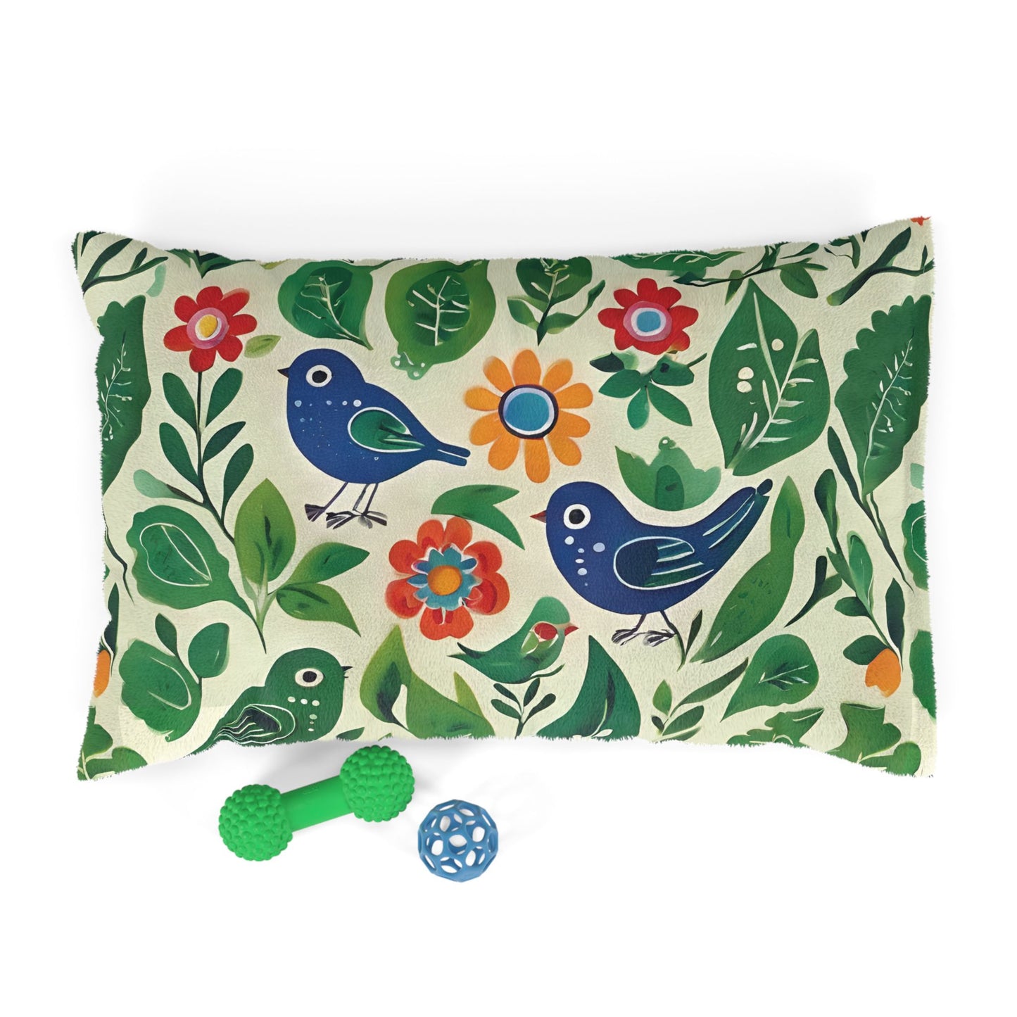 Bright Birds, Bright Green Leaves, Bright Flowers, Folk Art Puppy Mattress, Pet Bed.