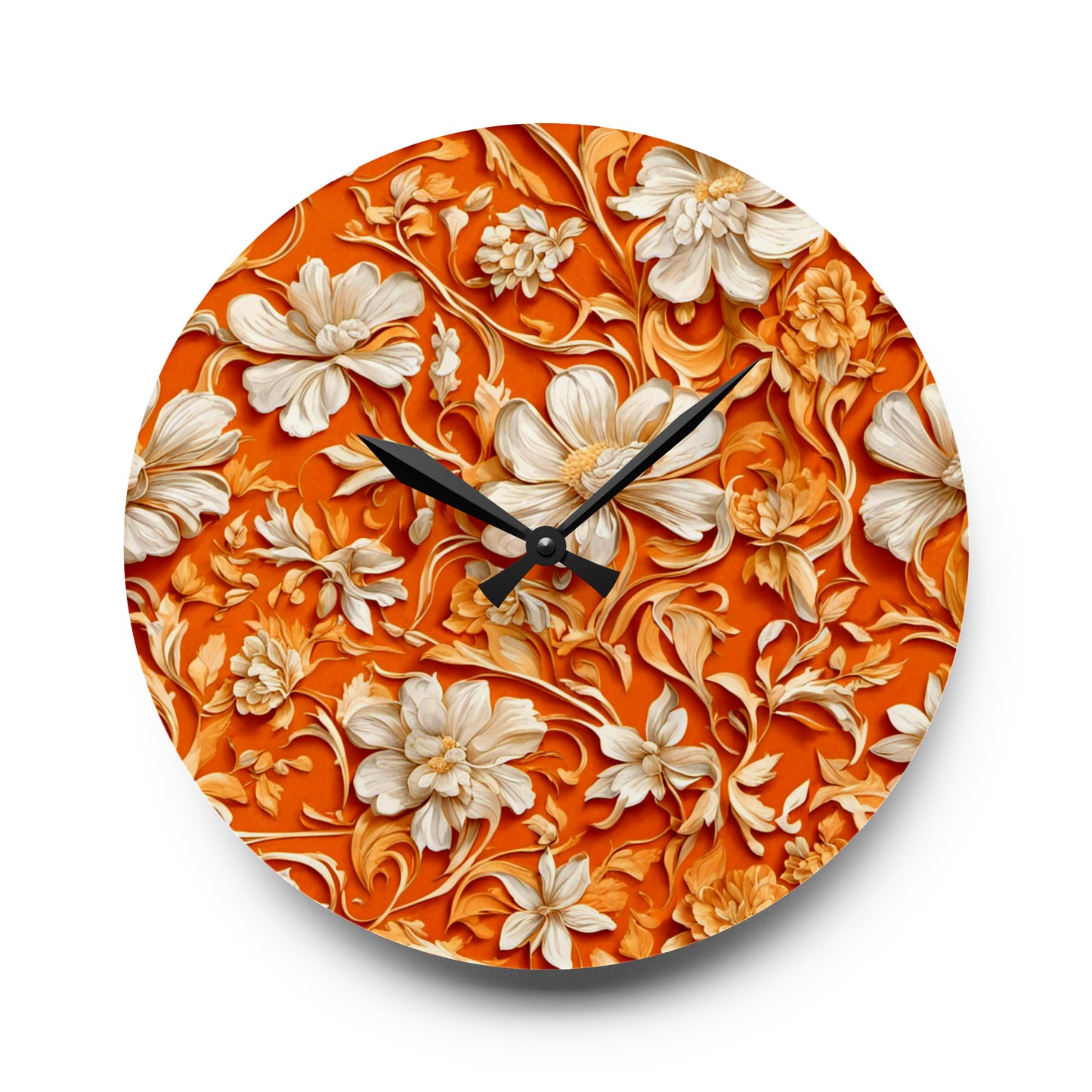 White Flowers on Apricot Acrylic Wall Clock