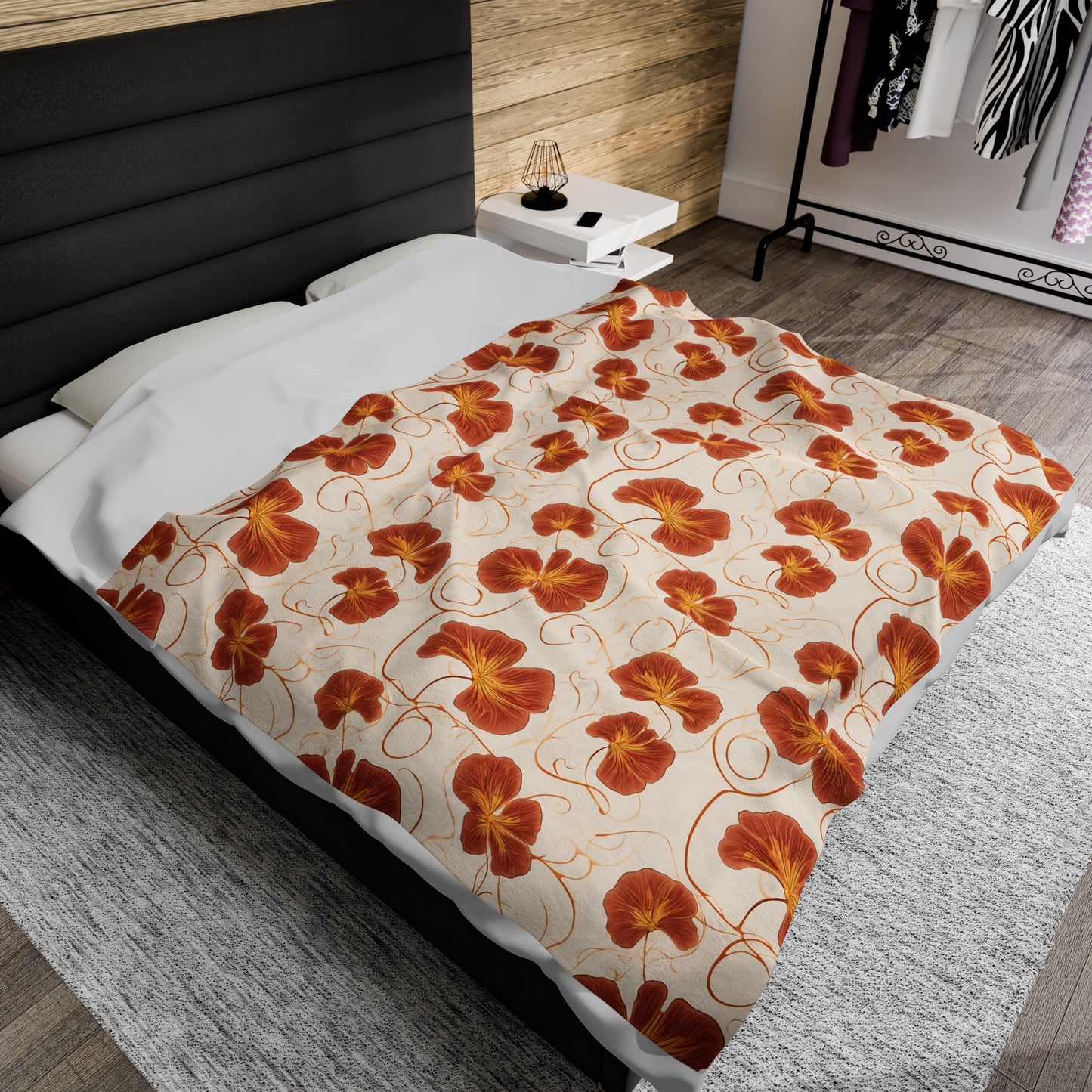 Orange Nasturtium Petals Velveteen Plush Blanket