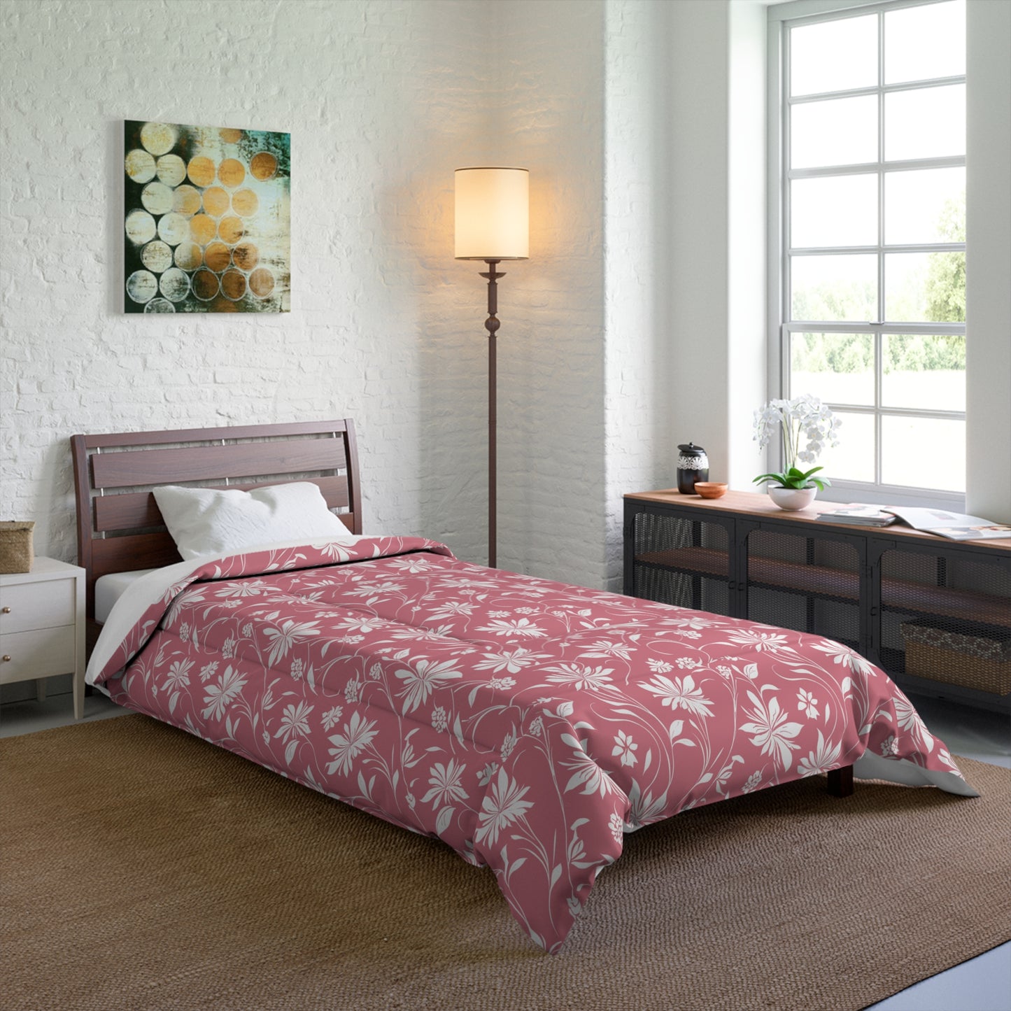 Simple White Flower on Pink Pattern Comforter