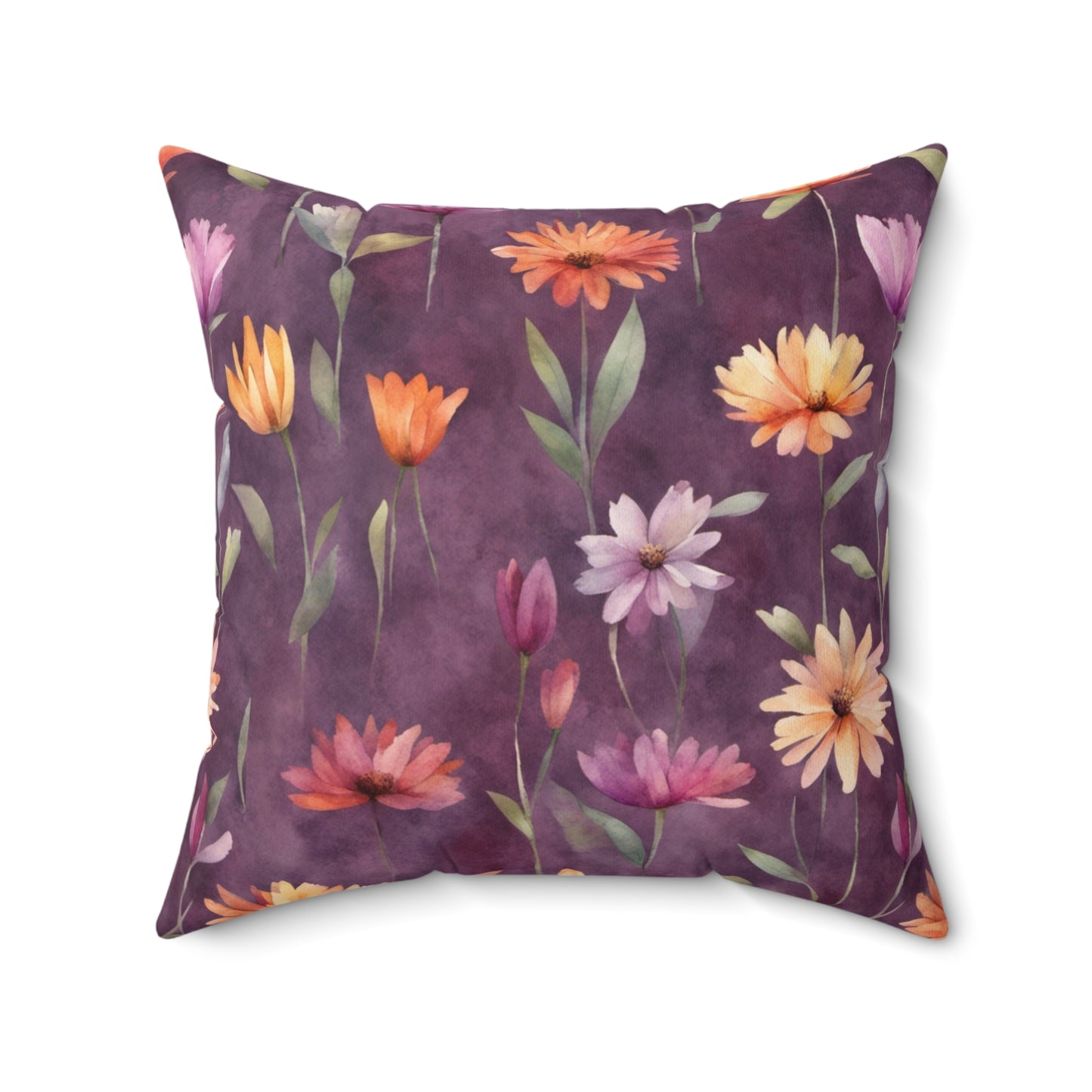 Wild Flowers on Plum Polyester Square Pillow