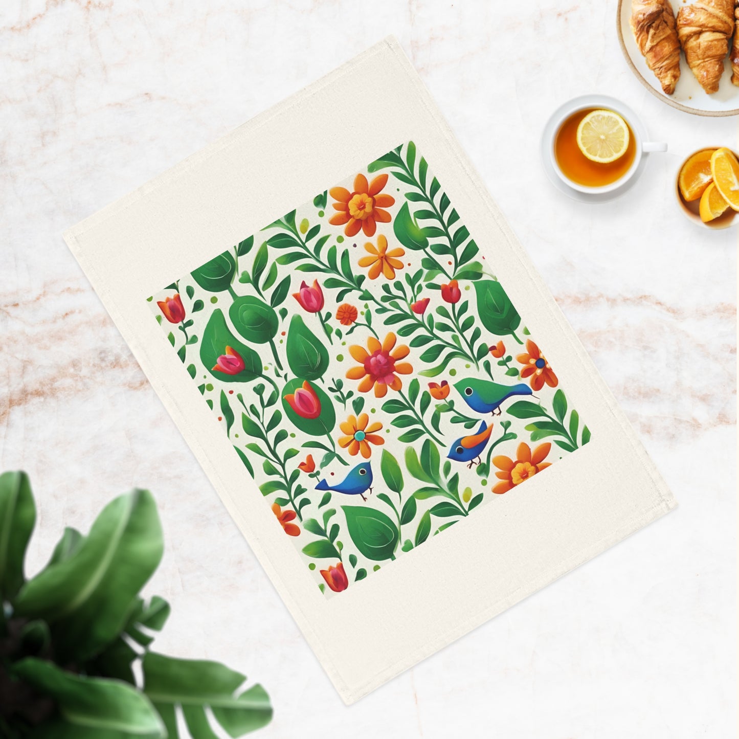 Bright Garden Birds, Leaves and Flowers Cotton Tea Towel