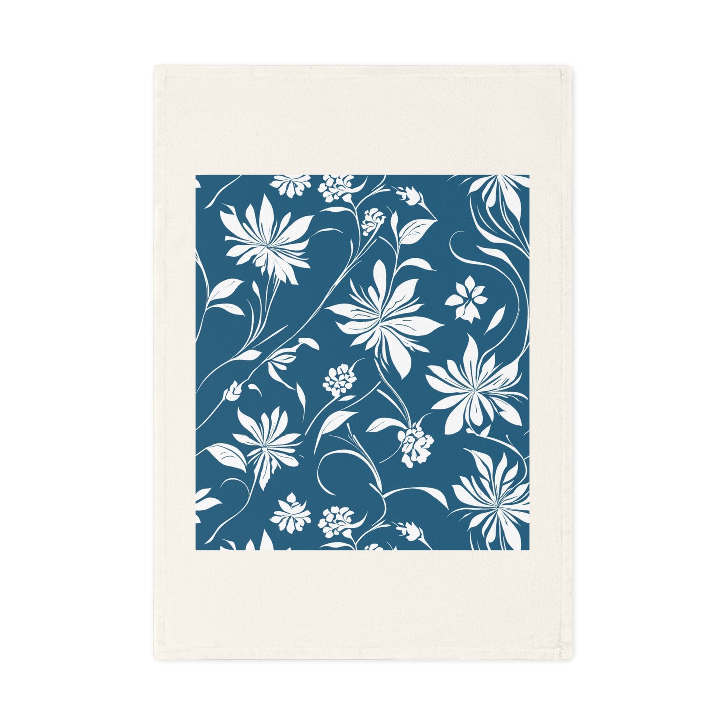 Simple White Flower on Dark Teal Pattern Cotton Tea Towel