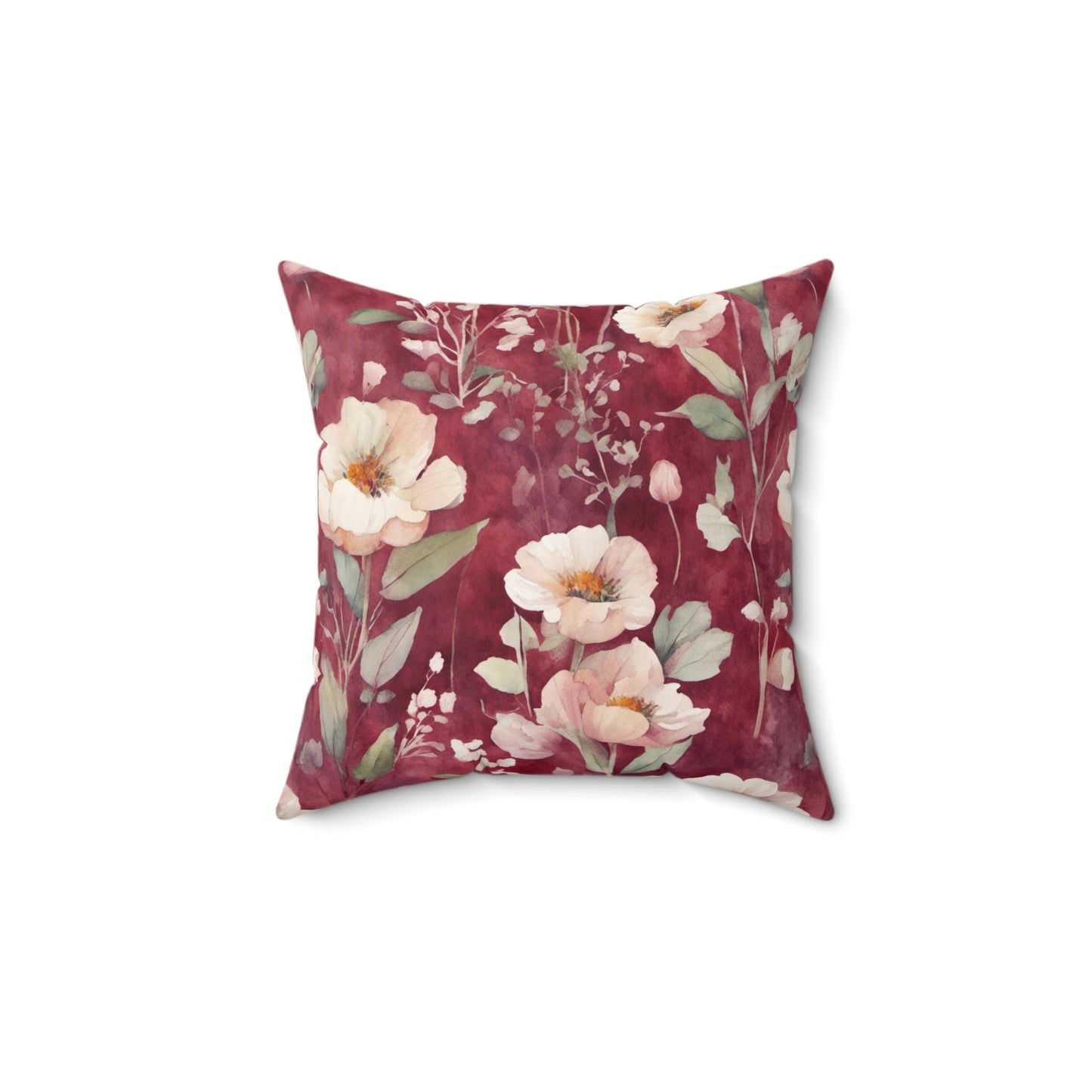 White Roses on Plum Red Polyester Square Pillow