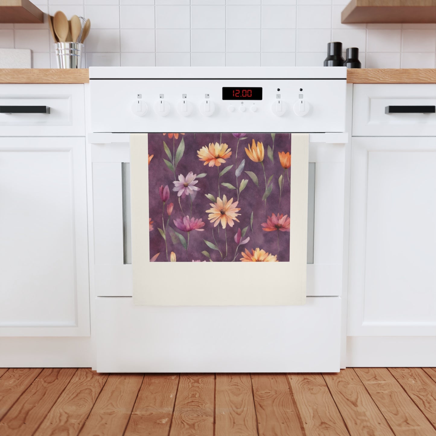 Wild Flowers on Plum Cotton Tea Towel