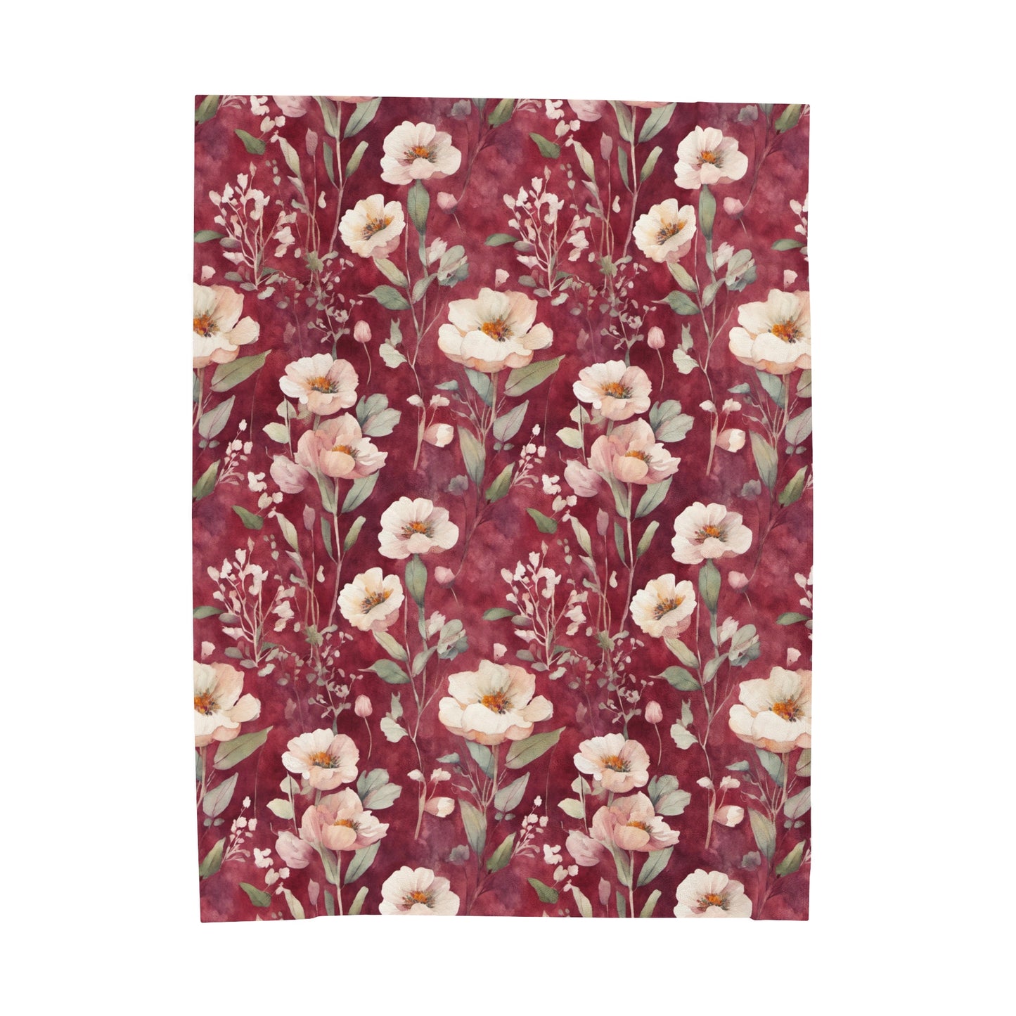 White Roses on Plum Red Velveteen Plush Blanket