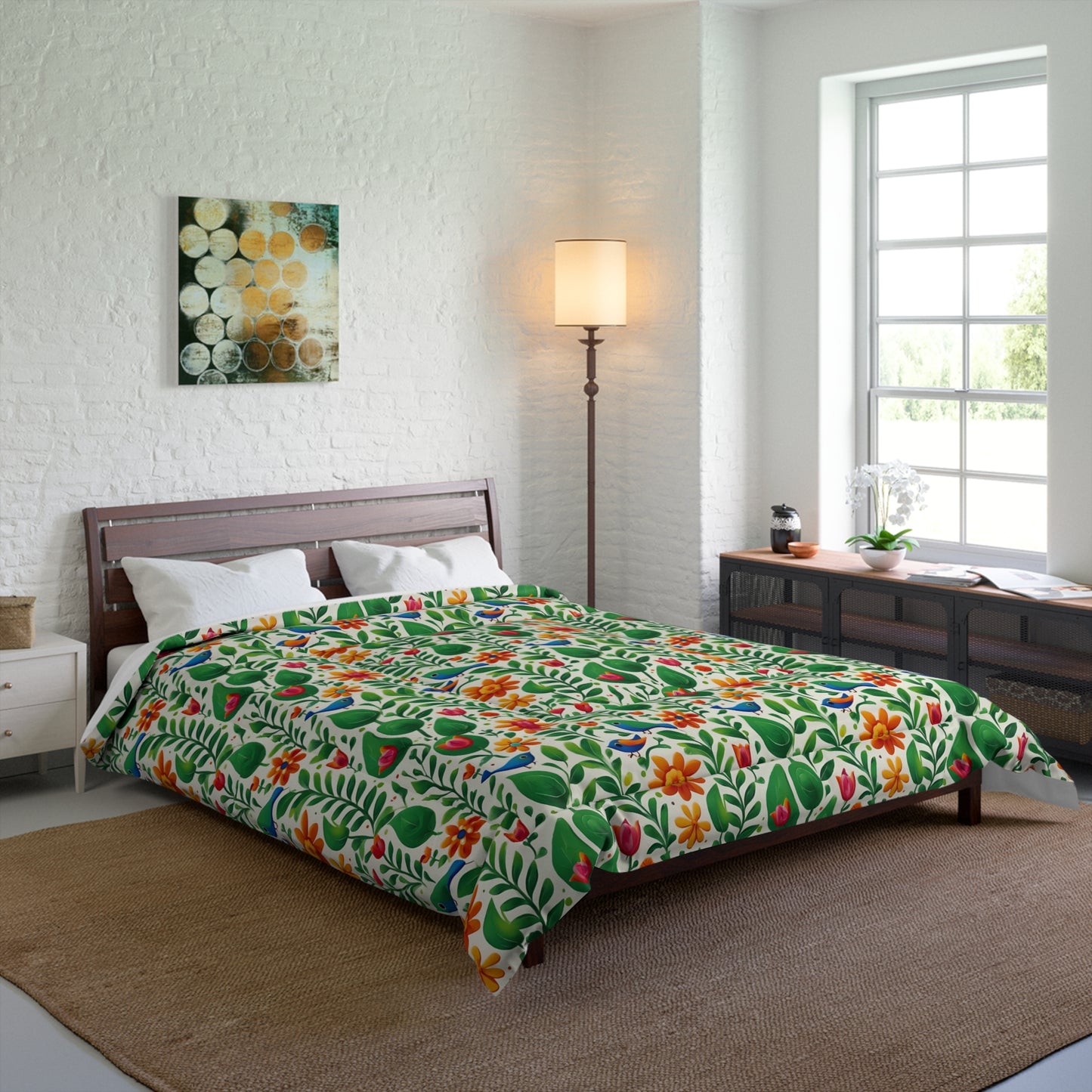 Bright Garden Birds, Leaves and Flowers Comforter