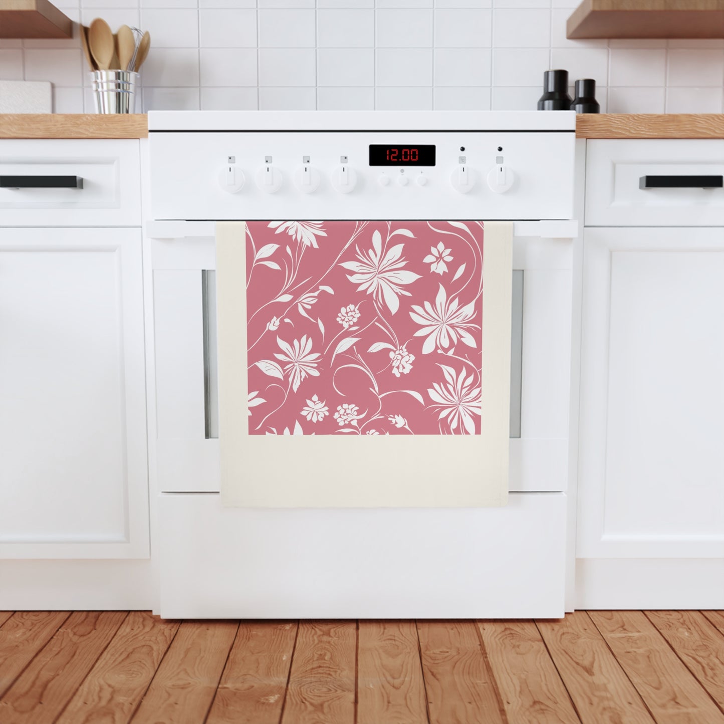 Simple White Flower on Pink Pattern Cotton Tea Towel