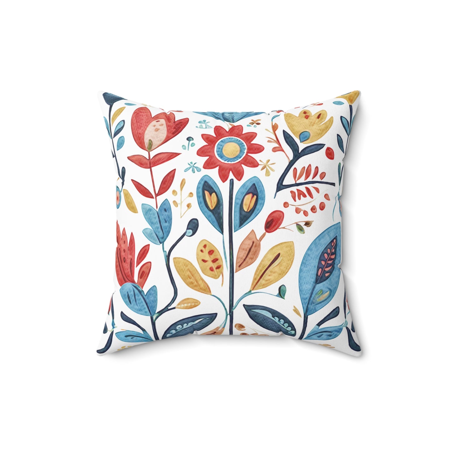 Bright and Colourful Folk Art Flowers, Polyester Square Pillow