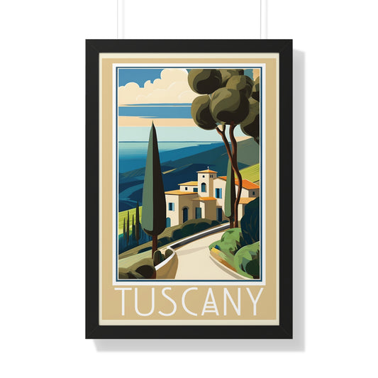 Tuscany Hillside, Italy Travel Poster, Art-Deco, Framed Vertical Poster